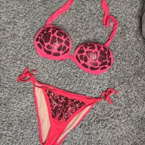 Hot Pink Sequin Bikini Set – Push-Up Top